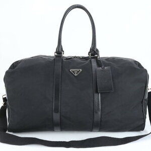 Prada Tessuto nylon triangular logo leather Boston bag trip tote